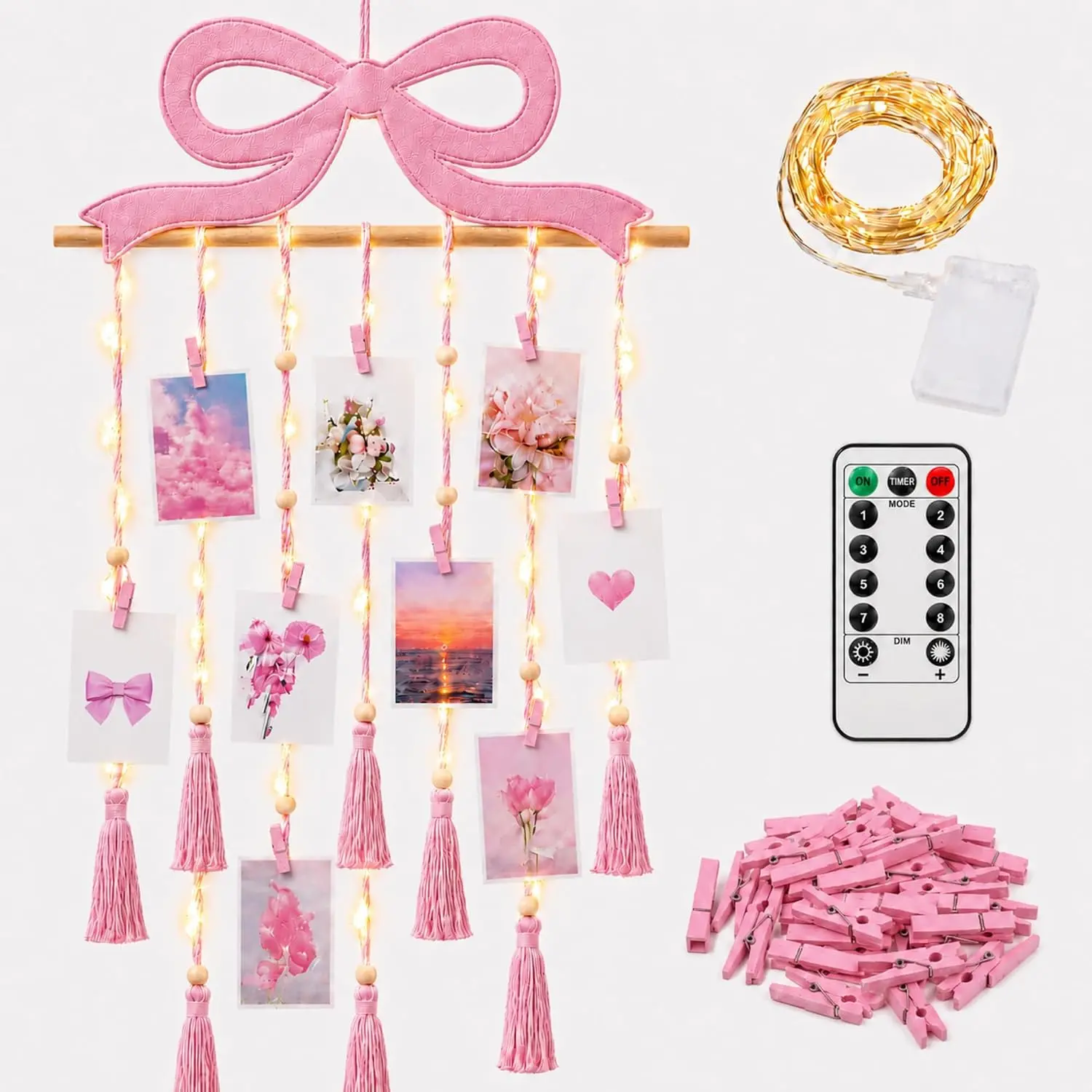 Pink Bow Cotton Macrame Hanging Photo Display Wall Decor - Waterproof Wooden Felt Picture Holder with LED String Light, 30 Clips, Ideal Gift for Teenage Girls' Bedroom Decor, Led Lights
