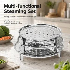 3-Pack Stainless Steel Steamer Basket Set, Collapsible Stackable Steamer for Instant Pot & Pans, Expandable Steamer Insert with Foldable Feet Space-Saving Kitchen Gadget for Vegetables Seafood Dumplings