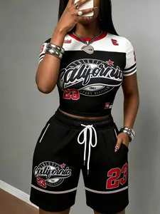 Y2K School Team Print Two-Piece Set, Retro Digital Print Short Top & Loose Shorts, Sporty American Football Streetwear, Athleisure Outfits, Womenswear