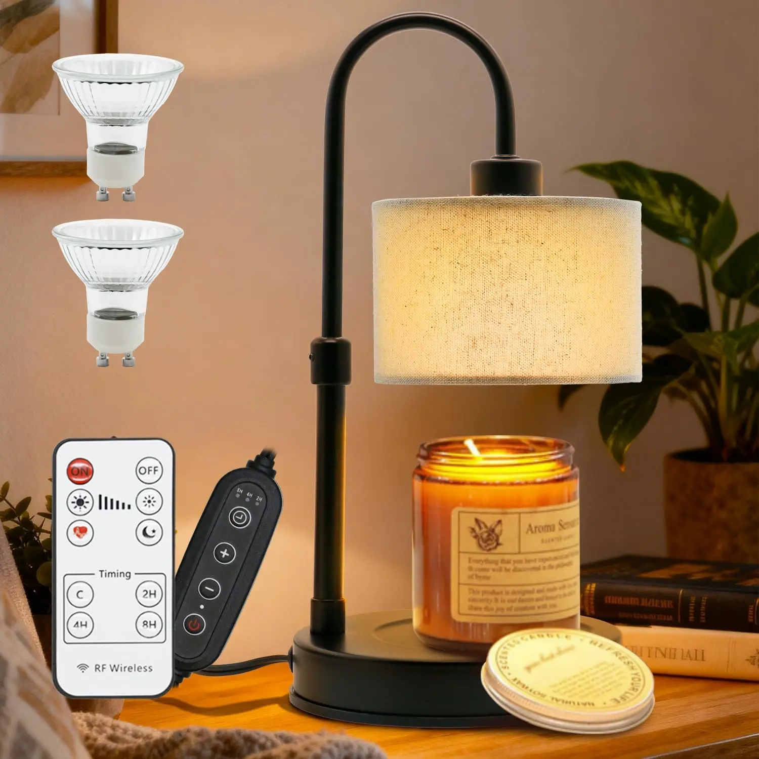 Elegant Metal Candle Warmer Lamp with Adjustable Light, Remote Control, Timer, Dimmable Electric Function, Adjustable Platform, Fits Most 3-Wick Jar Candles, Includes 2 Bulbs, Home Decor Gift for Women (Bedroom Use)