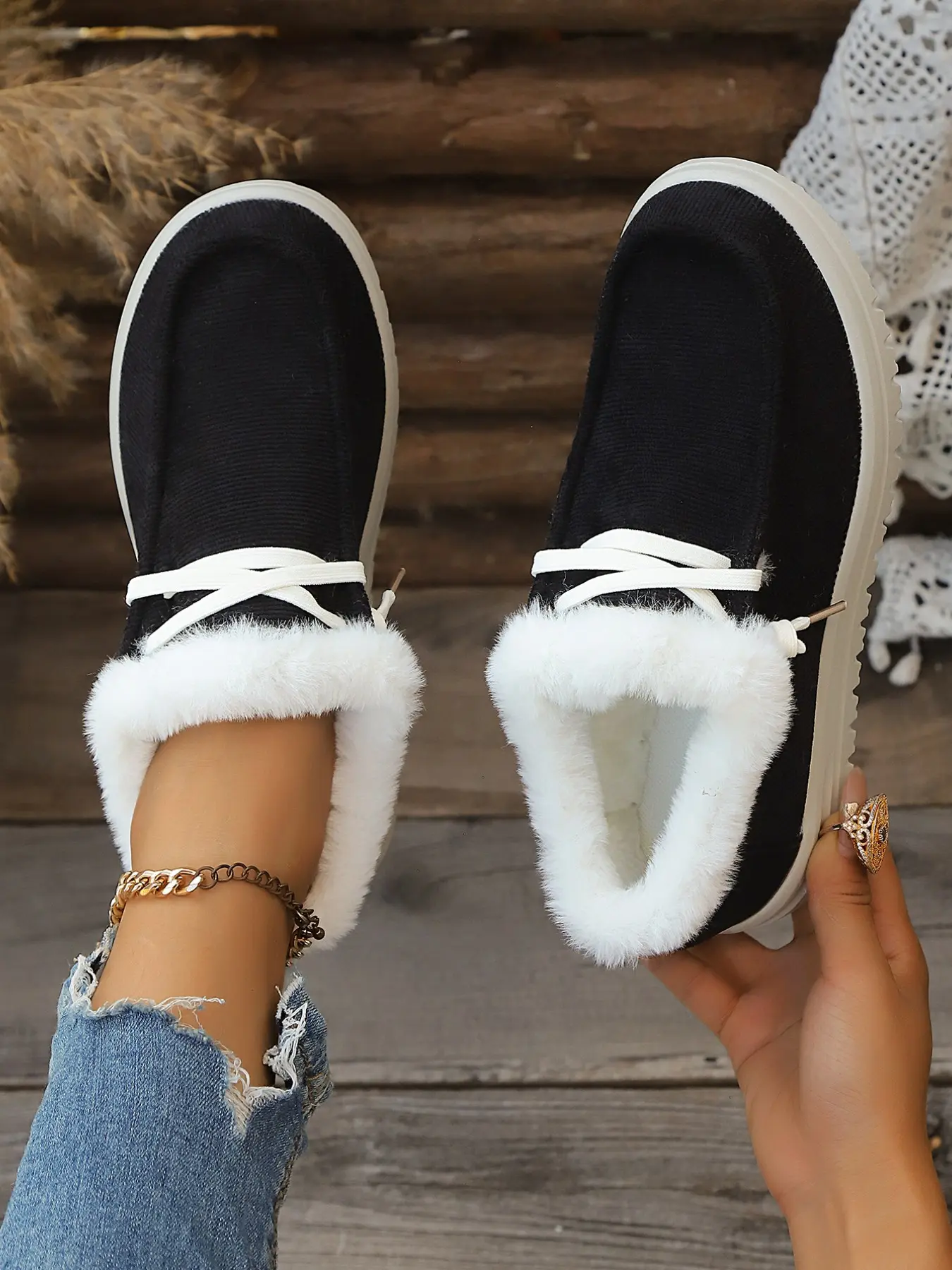 Women's Thickened Plush Edge Loafers, Vintage Corduroy Upper, Flat Non-Slip Shoes, Warm Cotton Sneakers, Fall Winter Fashion Casual Shoes