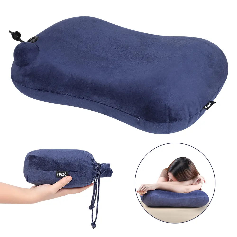 Portable Ergonomic Inflatable Travel Pillow with Removable Velvet Cover, Manual Press Inflate Neck Support Pillow, Foldable Space-Saving Air Pillow for Camping Travel Car Overnight Trip, Blue 1 Pack