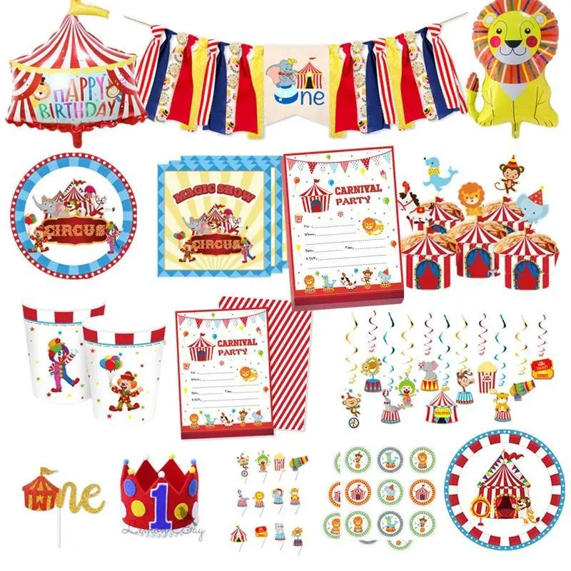 Carnival Circus Boys Kids Birthday Party Decorations Animal Balloon Paper Cups Plates Baby Shower Disposable Tableware Supplies