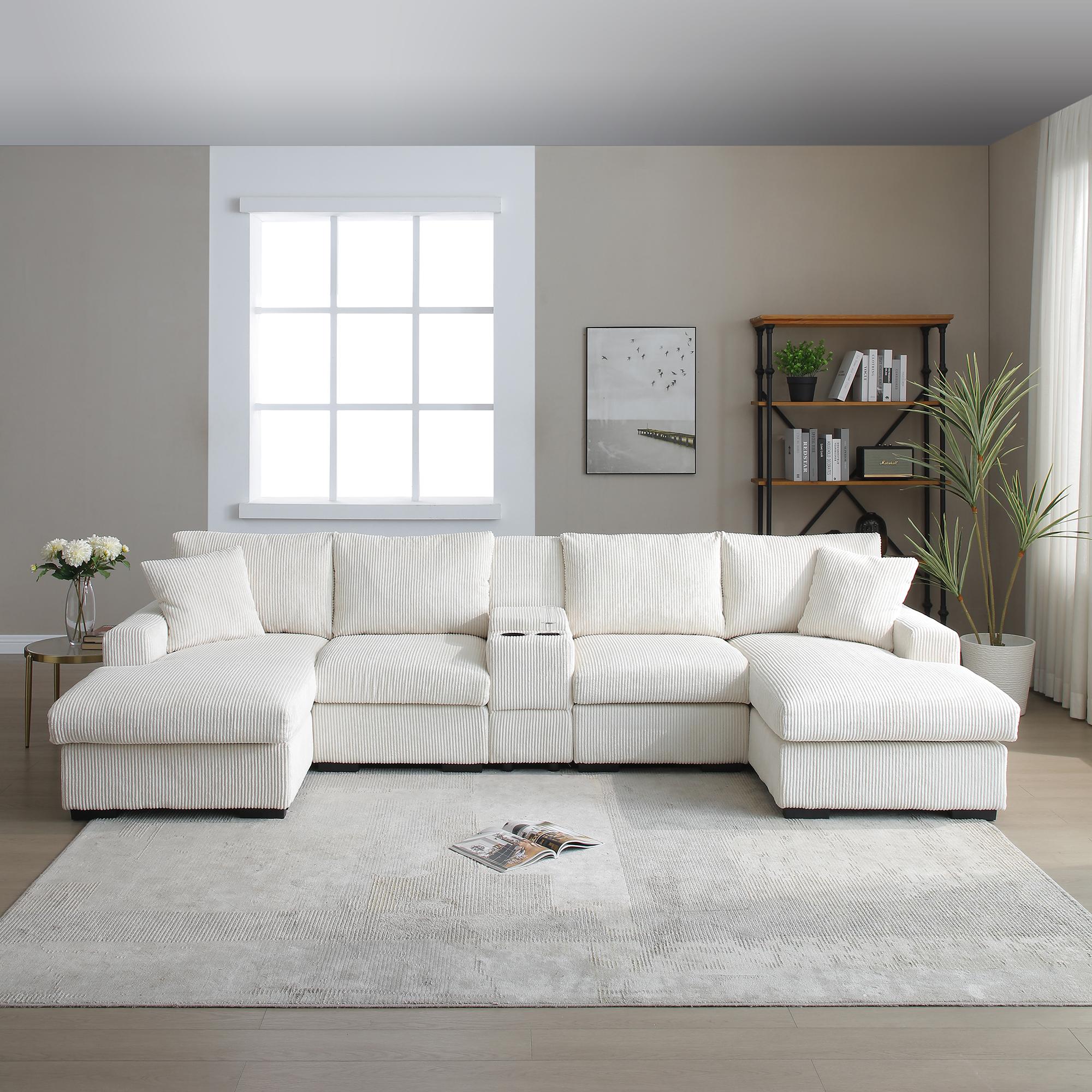 U Shaped Cloud Couch Sectional Sofa for Living Room,126" Oversized Comfy Cloud Sofa with Console,Cup Holder ,Double Chaise, Beige U Shaped Cloud Couch Sectional Sofa for Living Room,126" Oversized Comfy Cloud Sofa with Console,Cup Holder ,Double Chaise, Beige