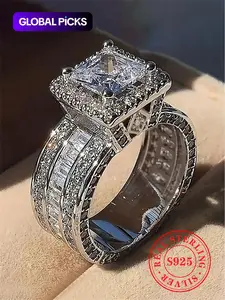 925 Sterling Silver Luxury Gorgeous Artificial Crystal Decor Ring, Fashionable Wedding Engagement Ring, Wedding Anniversary Ring Jewelry Gift for Women, Fashion Accessories for Party, Daily Decor