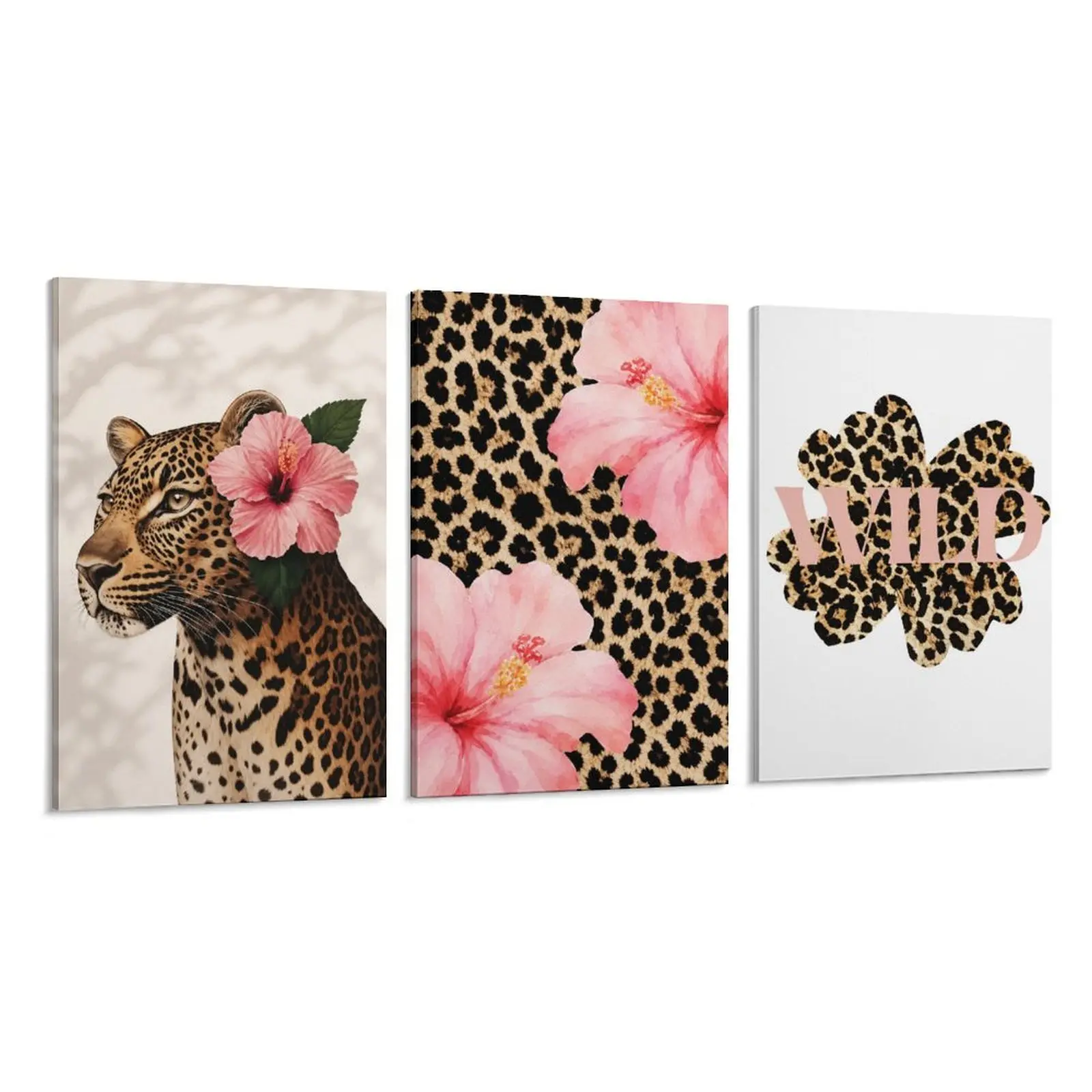 3 Pieces/set of Optional Wooden Frame, Funky Y2K Leopard Hibiscus Flower Pink Cheetah Canvas Print, Vintage Hawaiian Aloha Animal Art, Floral Boho Print, Vintage Prints, Home Decor Posters, Wood Wall Art, Vintage Room Decor, Aesthetic Wall Decor