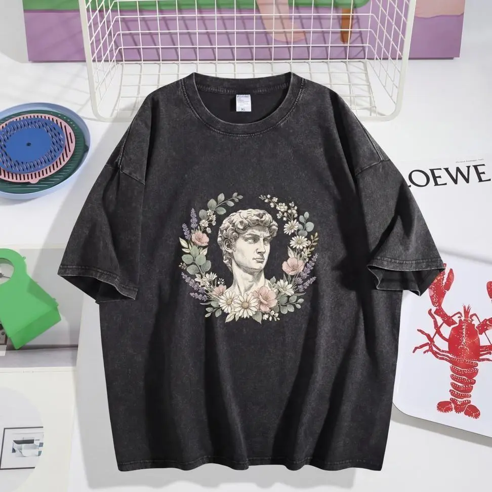 David T-shirt Imily Bela Women's Washed American retro printed T-shirt solid color