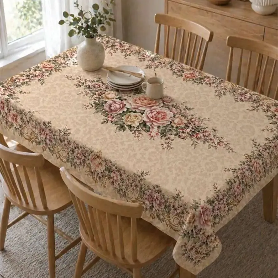 Vintage Rose Tablecloth, French Peony Pattern Polyester Fiber, Ideal for Home, Outdoor, Kitchen, Restaurant, Wedding, Party Decor