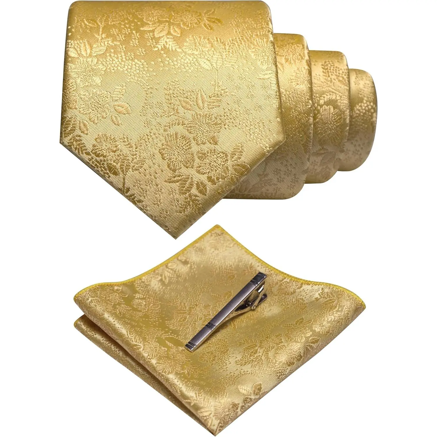 Silk Gold Floral Tie Necktie and Pocket Square, Hankerchief and Tie Bar Clip Sets for Men(57)