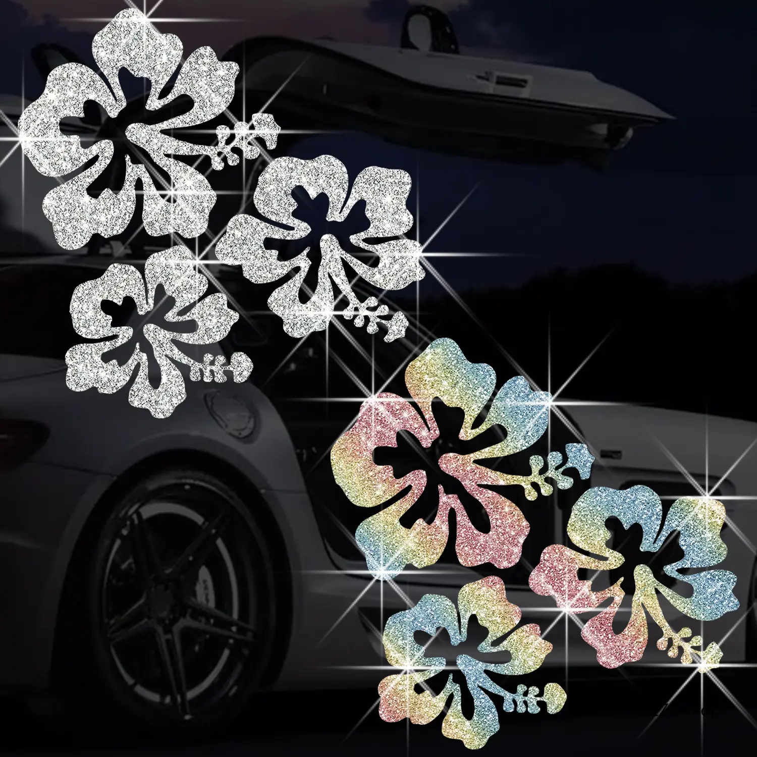 Tropical Hibiscus Flower Decal Stickers, Glitter Vinyl Set in Rainbow Silver, Waterproof for Car Windows, Bumpers, and Laptops, Rainbow Glitter, Auto Window, Cars Accessories, Car Detailing Products