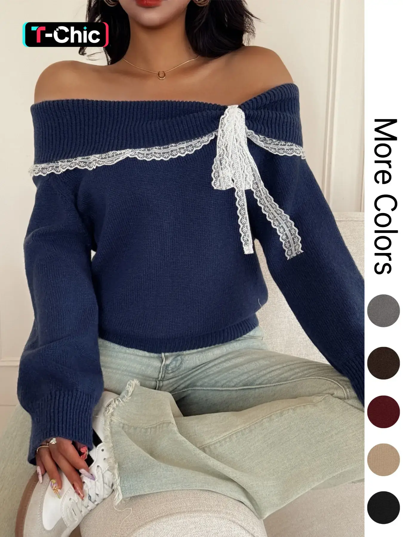 Women's off Shoulder Lace Bow Long Sleeve Fitted Pullover Sweater, Cute Feminine Knit Top for Fall & Winter, Casual Fashion for Ladies, Women Fall Outfit, Cute Winter Sweater for Women, Autumn Knitwear Womenswear