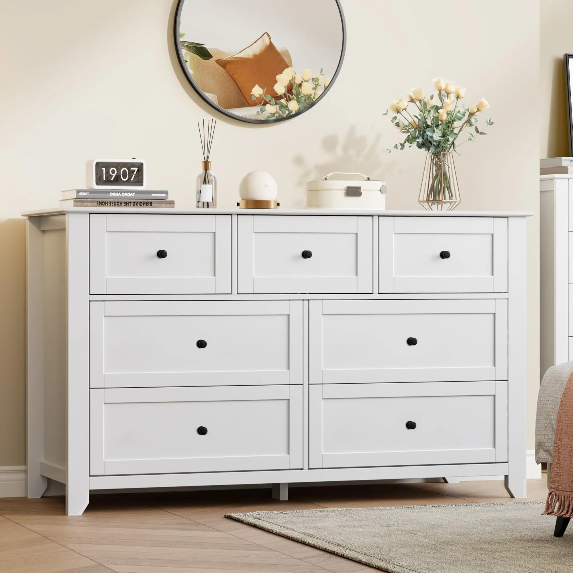 Garvee White 7 Drawer Dresser for Bedroom, 54" wide Large Dresser with Deep Drawers & Metal Knobs, Modern Wooden Chests of Drawers for Entryway, Hallway