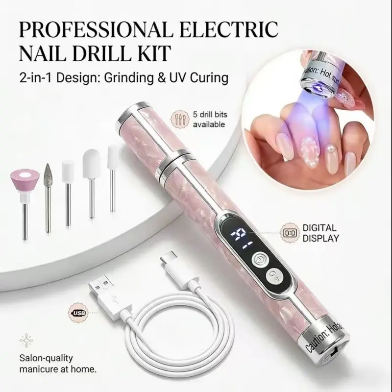 Portable dual-function electric nail file set, including nail light, polisher, digital display screen, 12 grinding heads, 6 polishing pads, professional nail tools, nail art tools, nail dryer, nail light set. The ideal product for female nail enthusiasts.