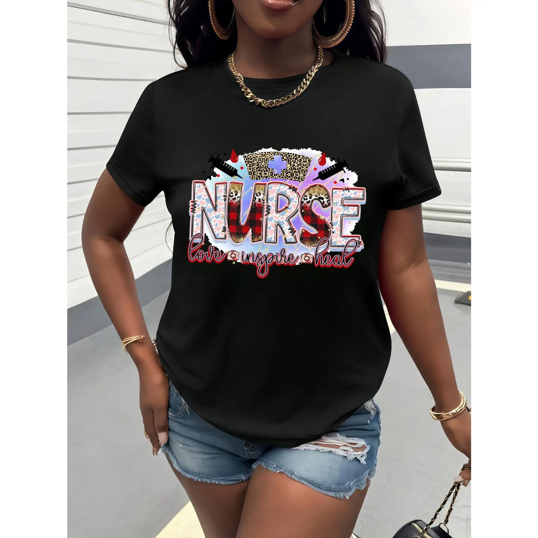 Women's Nurse-Themed Short Sleeve T-Shirt - Slogan Print Nursing Apparel Gift, Soft Breathable Fabric Suitable for Nurse Week, Hospital Uniform or Casual Wear - Professional & Everyday Nursing Attire