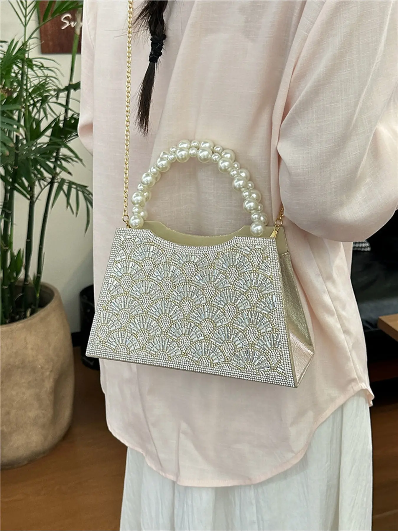 New Pearl Handbag, Fashionable Evening Bag for Ladies, Diamond-Studded Chain Clutch Bag, Shiny Rhinestone Crossbody Bag
