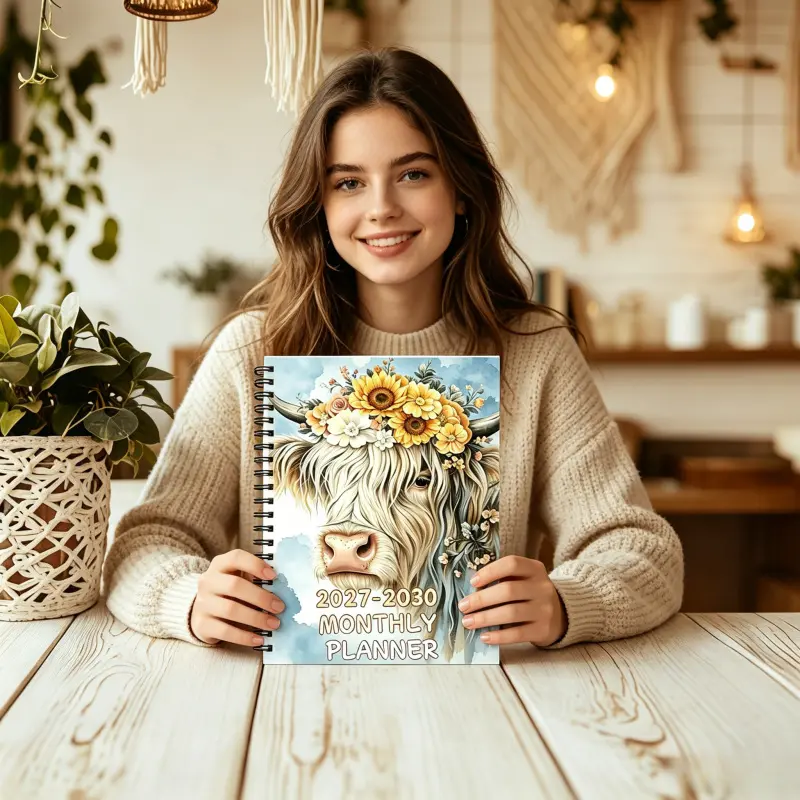 2027-2030 planner, A5 size, 124 pages of high-quality paper, gradient inner pages. Watercolor Highland cow and sunflower crown spiral notebook, 8.28 inches x 5.5 inches, cute farm animals daily schedule diary