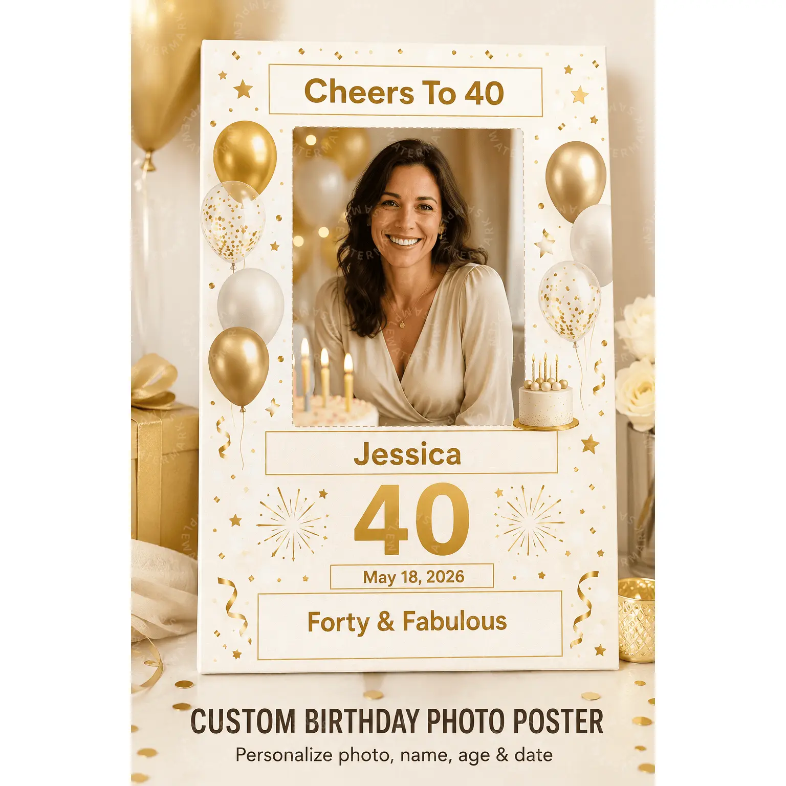 Custom Birthday Photo Poster, Personalized 40th Birthday Wall Art, Gold White Balloon Celebration Decor, Photo Keepsake Aesthetic Poster, Bedroom Living Room Office Wall Decor, Milestone Birthday Gift