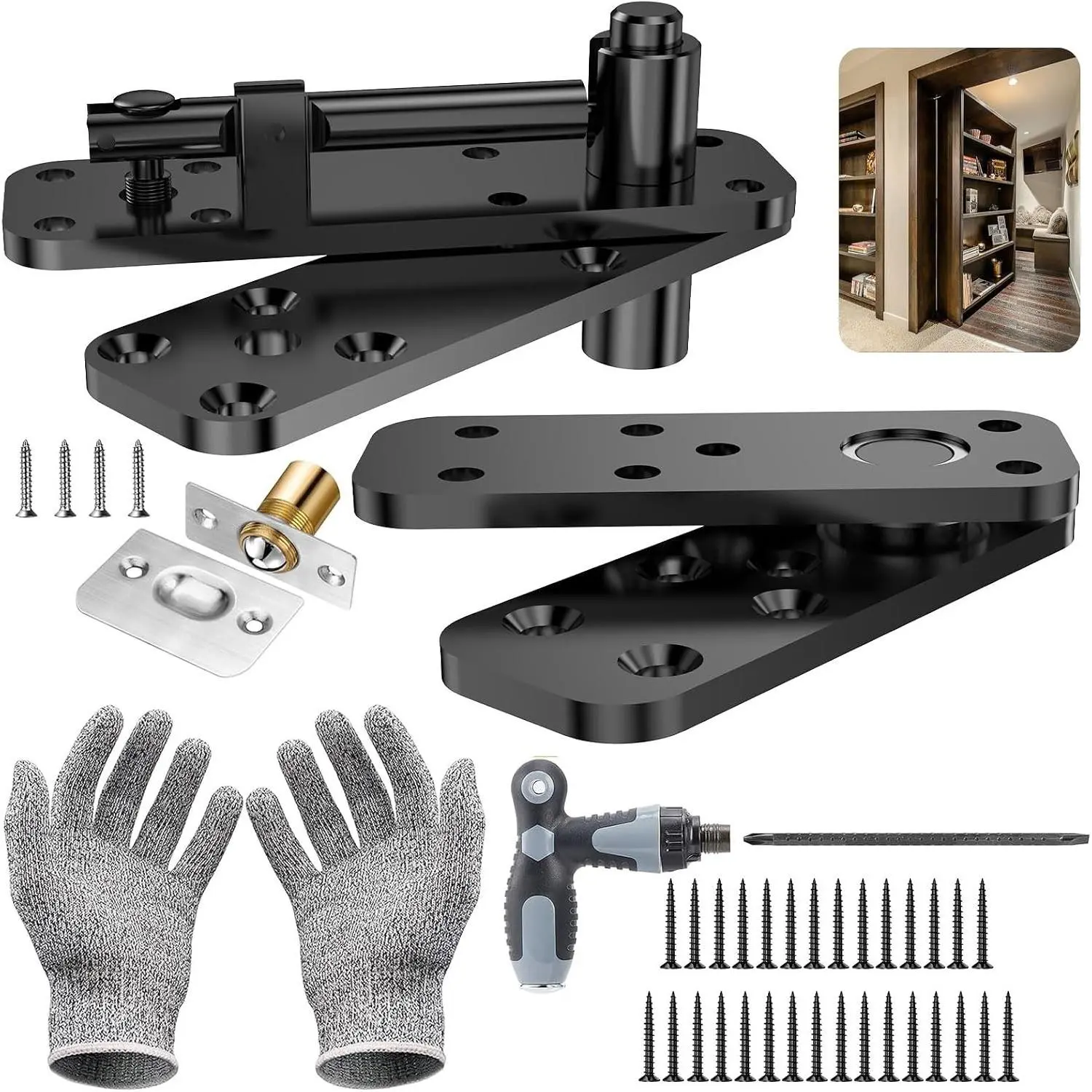 Hidden Door Hinge Pivot Hinge, 570LBS Load-Bearing Heavy Duty Pivot Door Hardware for Hidden Door Bookcase, Hinge Kit 360° Rotation Invisible Door Hinges for Secret Door (Black)