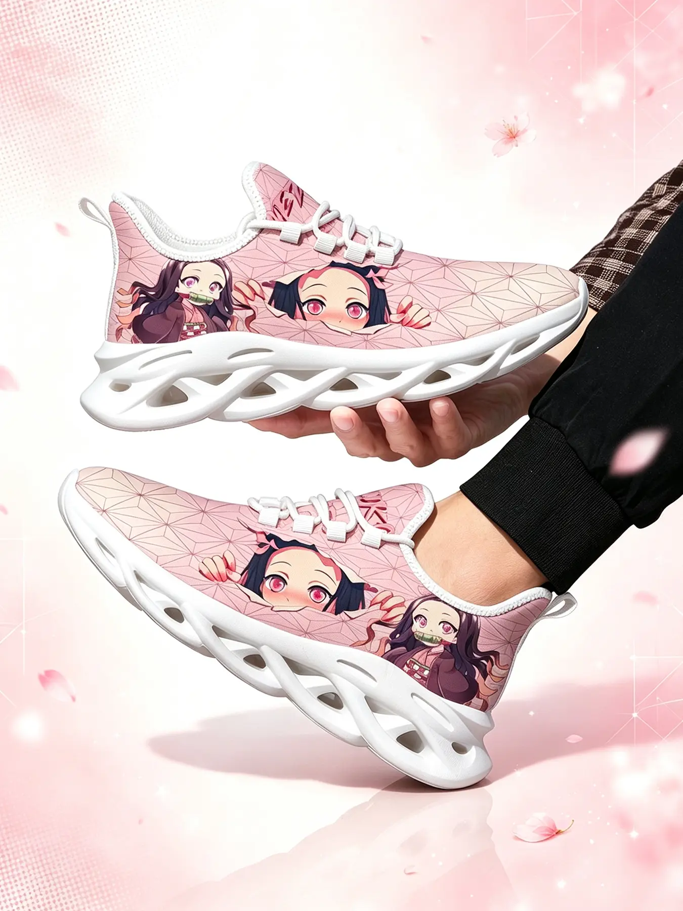 Cute Girls Women'S Casual Shoes Kawaii Pink Kamado Nezuko Pattern Printed Four Seasons Comfortable Breathable Low Top Sneakers Versatile For Daily Outings Campus Wear Lace Up Cushion Trainers Birthday Gift