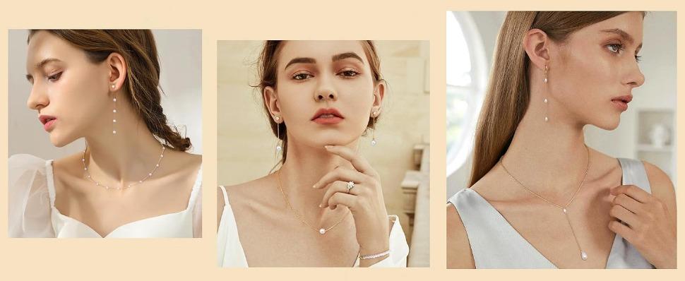 FUNRUN Dainty Wedding Pearl Jewelry Set for Women 14K Gold Plated Adjustable Choker Necklace Bracelet Earrings Wedding Necklace Christmas Day Gift