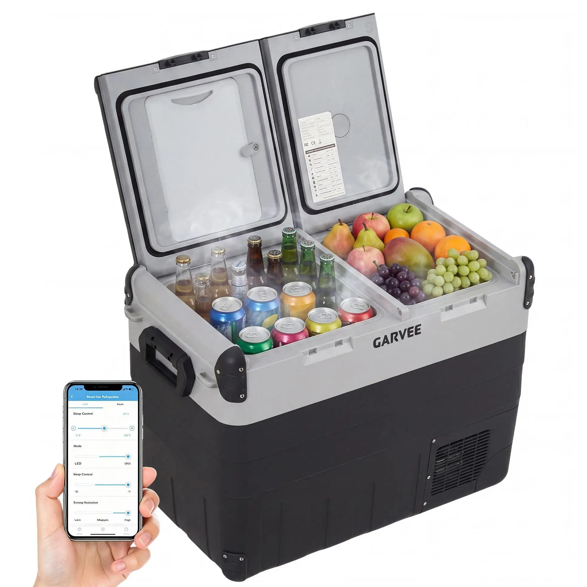 Garvee 53QT/50L Dual Zone 12V Portable Car Refrigerator Freezer, App Controlled Compressor Cooling Cooler, Adjustable Temperature Range -4°F to 68°F, Multi-Scene Cooler for Camping, RV, Trucks and Household Daily Use