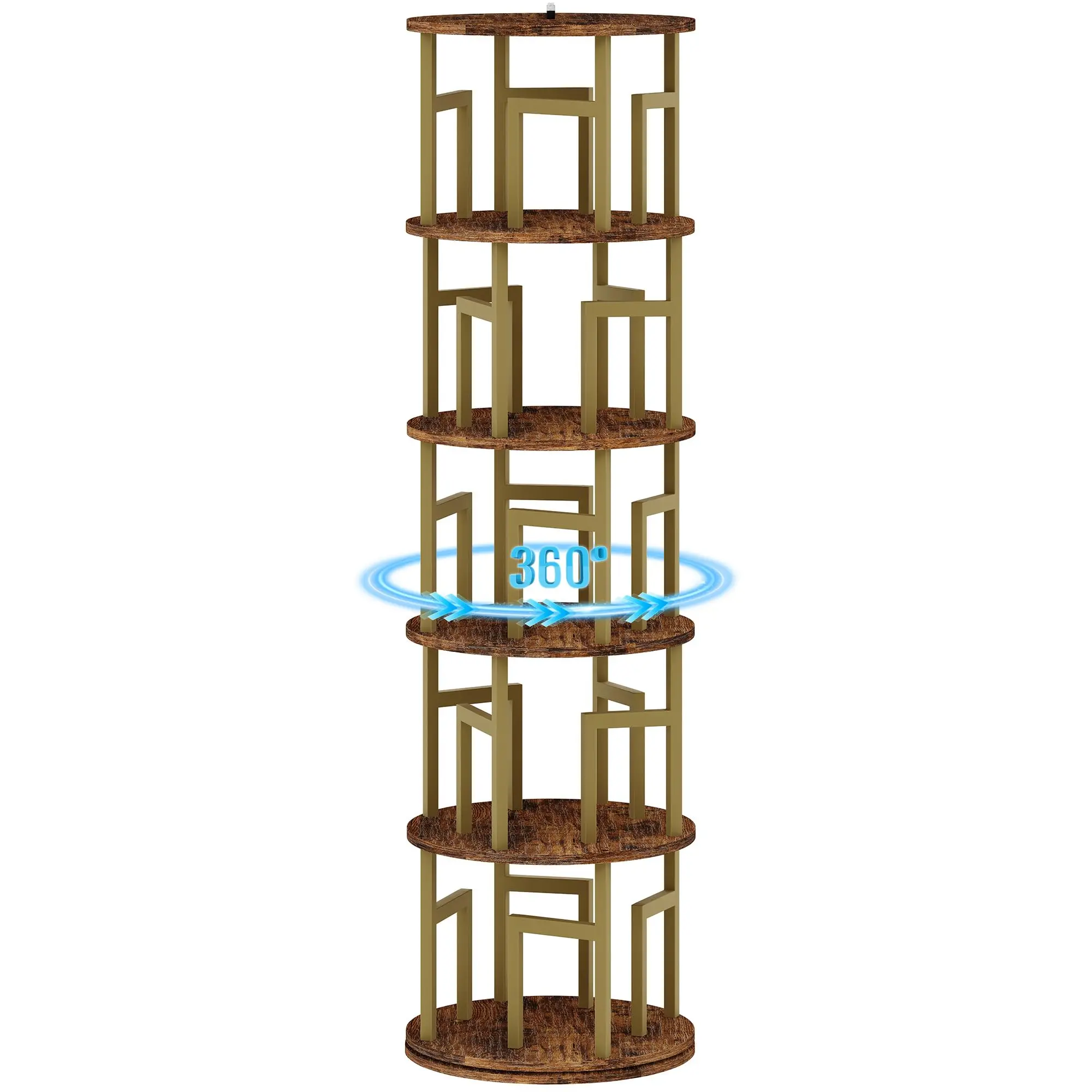 5-Tier Rotating Bookshelf - 360° Spinning Book Tower with Metal Frame, Space-Saving Corner Organizer for Bedroom, Office, Books