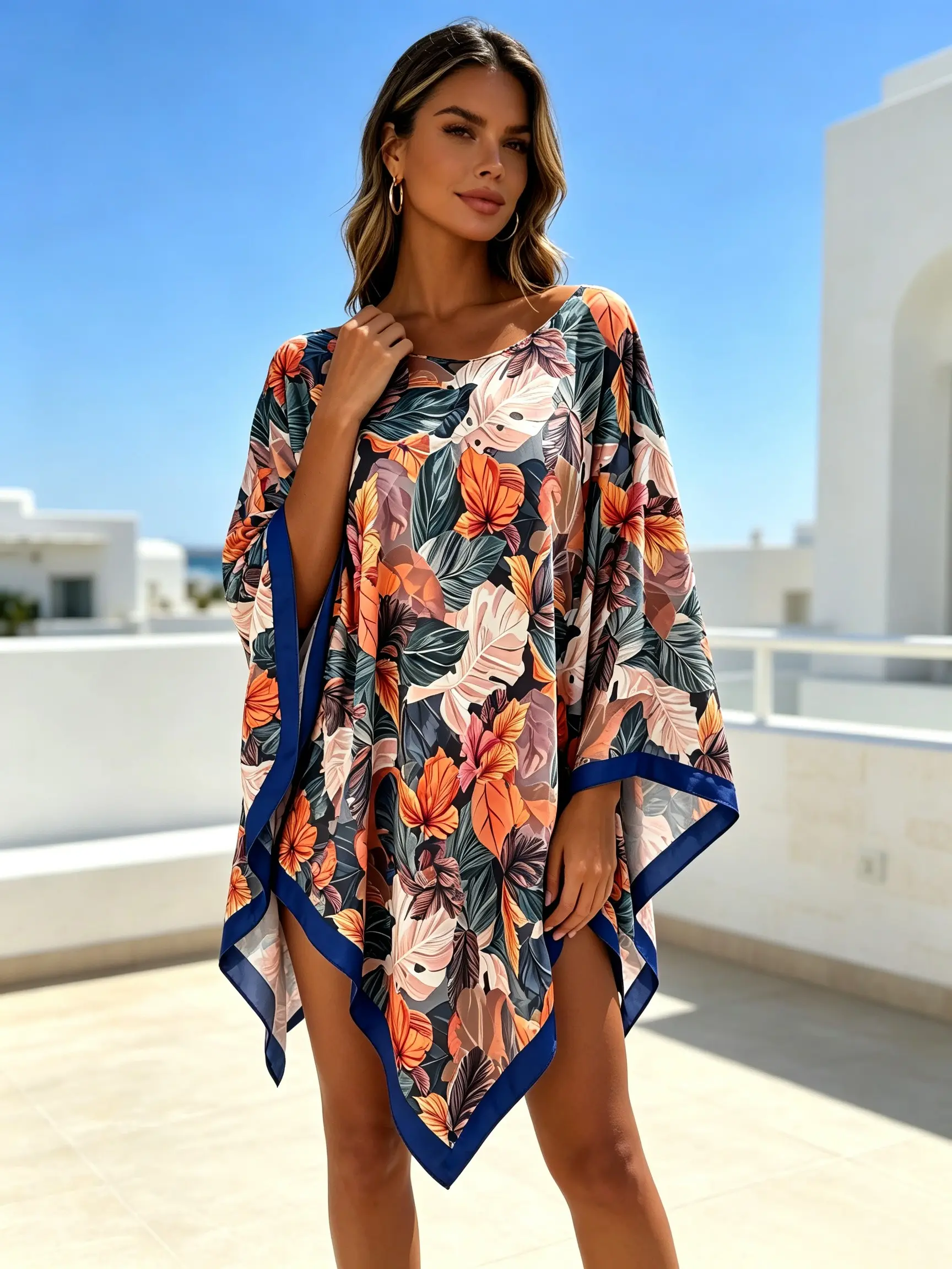 Women's Fashion Beach Shawl, Tropical Print Kaftan, Loose-Fit Sleeveless Top, Casual All-Season Wear, Poolside & Vacation, Beach Coverup