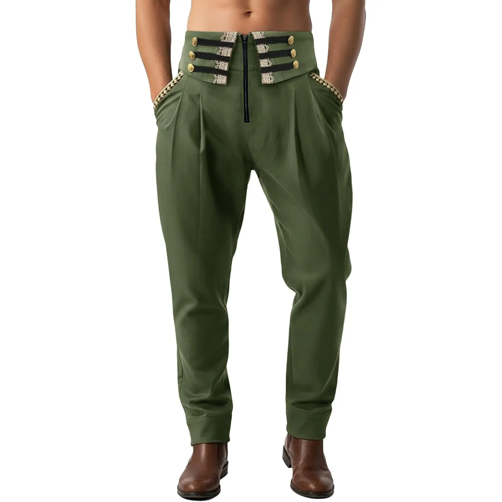 Runcati Men's Loose-Fit Plain Polyester Blend Gothic Pants - Menswear Medieval Pirate Steampunk Costume Trousers, Machine Washable for Halloween Events