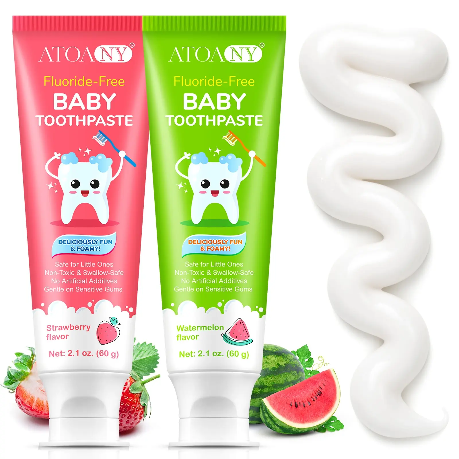 Atoany Kids Toothpaste 60g, Strawberry & Watermelon Flavor, Fluoride-Free, Gentle on Mouth, Fruit Taste, Child-Friendly Balm