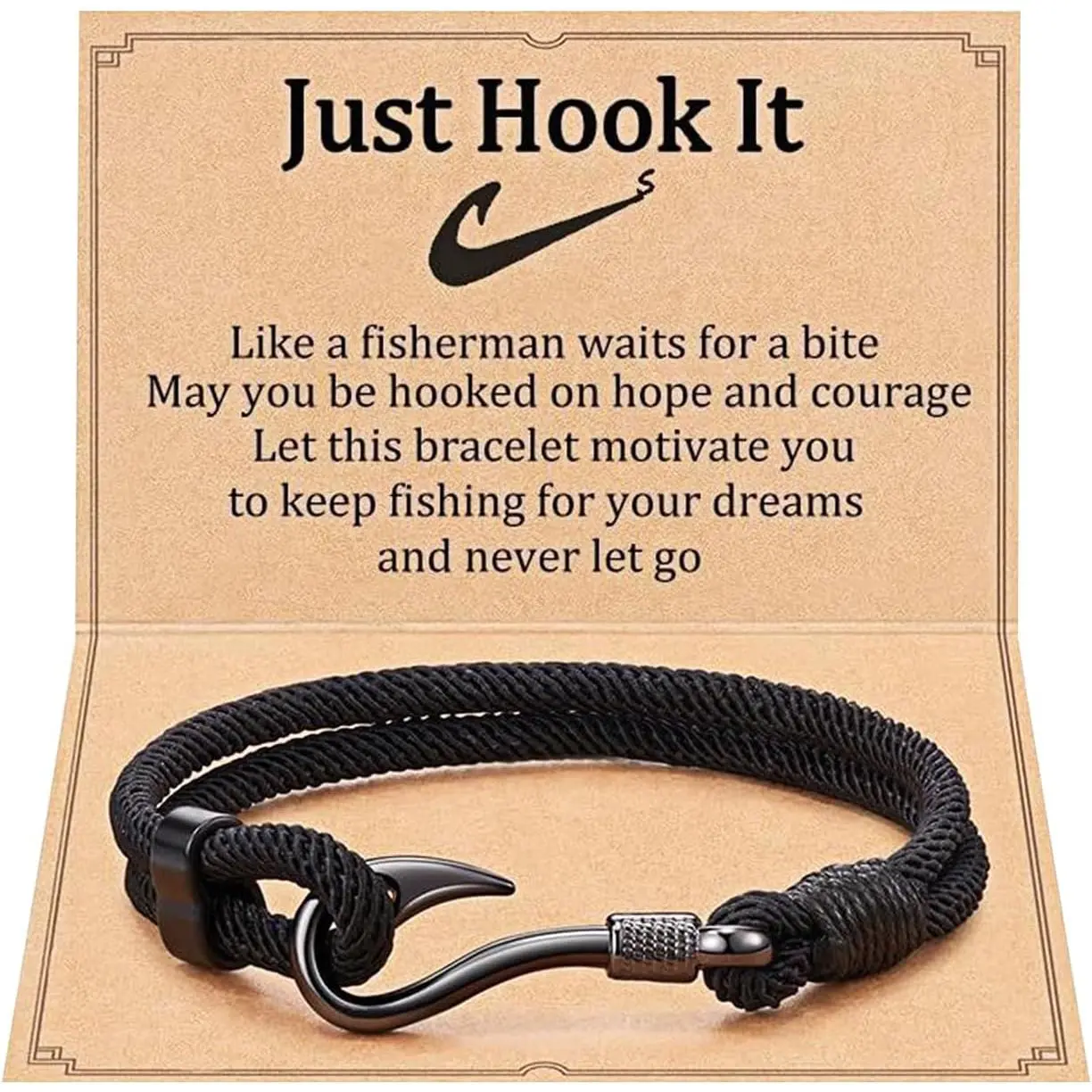 Fish Hook Wrap Bracelet: Black Stainless Steel and Nylon Rope Wristband for Women Men Fisher Lover, 8.2inch