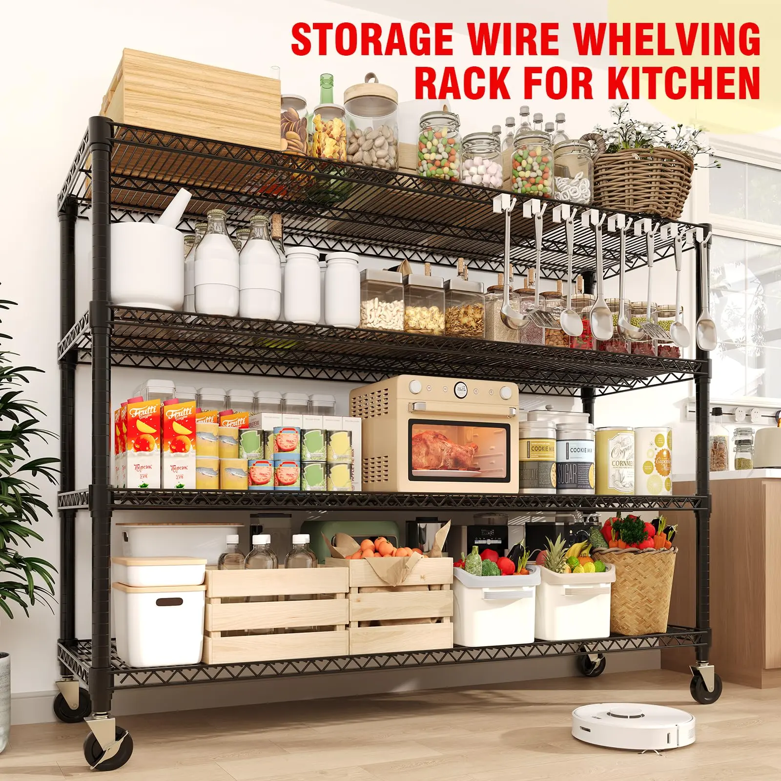 Garvee Heavy-Duty Rolling Wire Shelving Unit, 4Tier Adjustable Metal Storage Rack w/ Wheels, 2640 lb Capacity, 73.8"H x 59"W x 23.9"D, for Garage Pantry Basement Warehouse, Garage Shelving, Storage Shelves, Rolling Utility Shelf, Heavy Duty Garage Storage