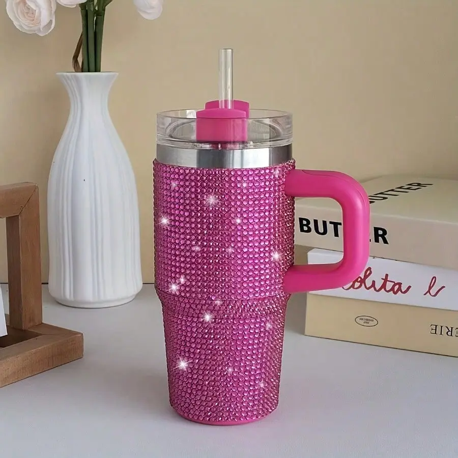 1pc 14oz (410ml) Stainless Steel Tumbler Flask - Double-Wall Insulated Casual Travel Mug for Adults with Handle, Straw, Spill-Proof Lid, Colorblock Print Rhinestone Accents - Keeps Drinks Hot/Cold For Hours - Ideal For Car, Office - Great Gift Option