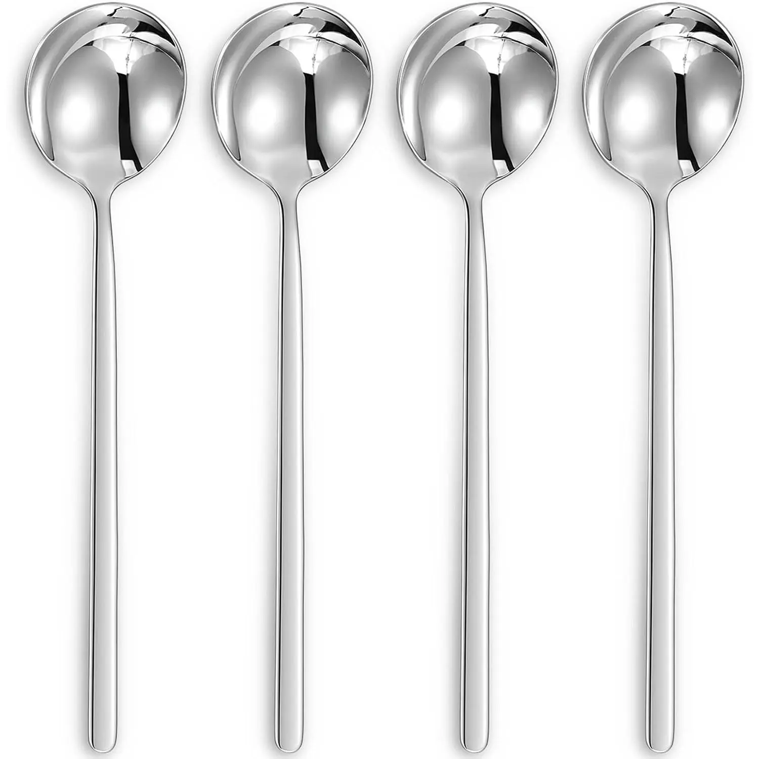 4- 18/10 Stainless Steel Korean Soup Spoons (Plain) | Long-Handle Korean Soup Spoons; Deep Bowls for Rice, Soup, Stews & Noodles; Brilliant Mirror Finish; Dishwasher Safe