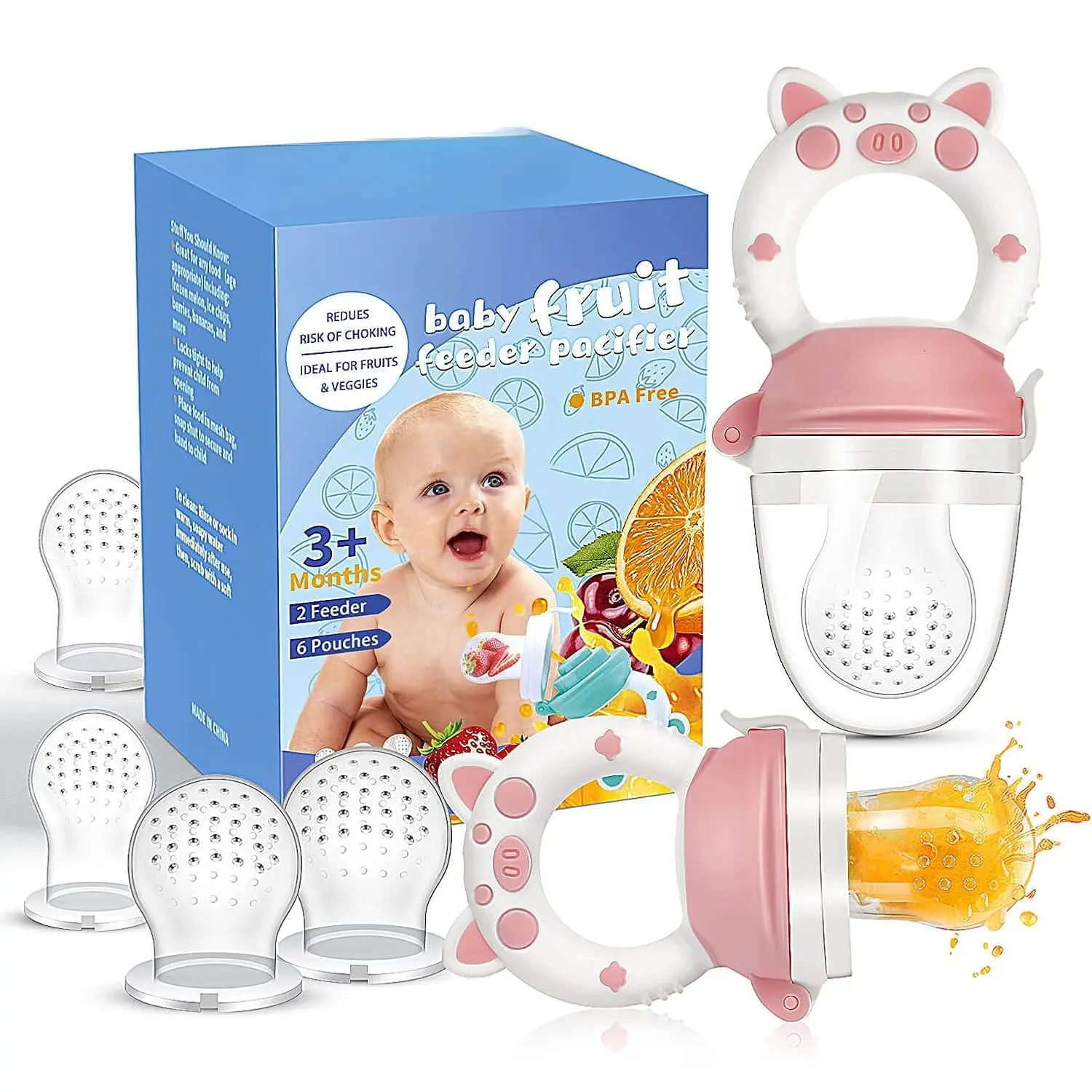 Baby Fruit Food Feeder Pacifier - Fresh Teething Pacifiers, Infant Fruit Teething Teether Toy  3-24 Months, 6 Pcs Silicone Pouches  Toddlers & Kids & Babies, Piggy Handle 2-Pack (Pink)