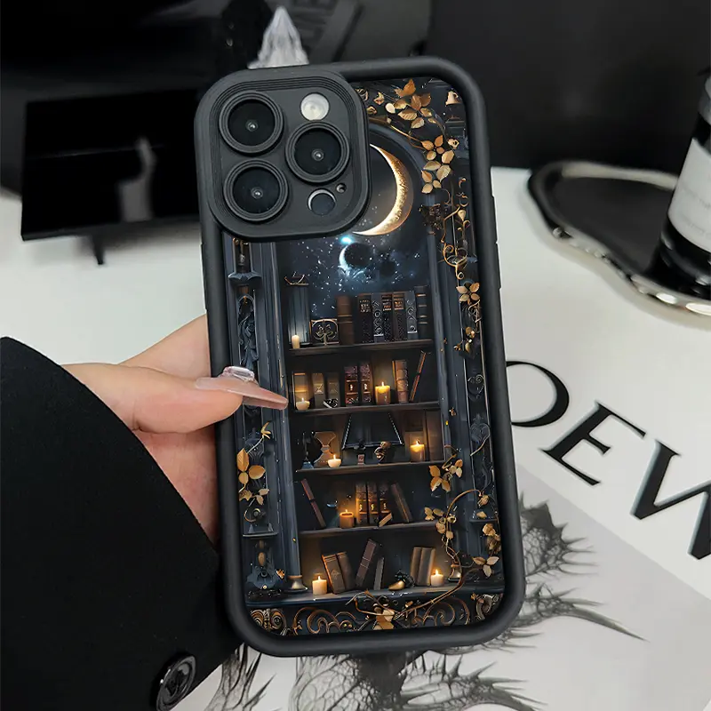 Creative Moon Bookshelf Pattern TPU Phone Case for iPhone 17 16 15 14 Pro Max 13 12 11 Air XR XS Plus E Shockproof Drop Protection Rugged Durable Silicone Cover Cellphone Protective Smartphone Casing Protector