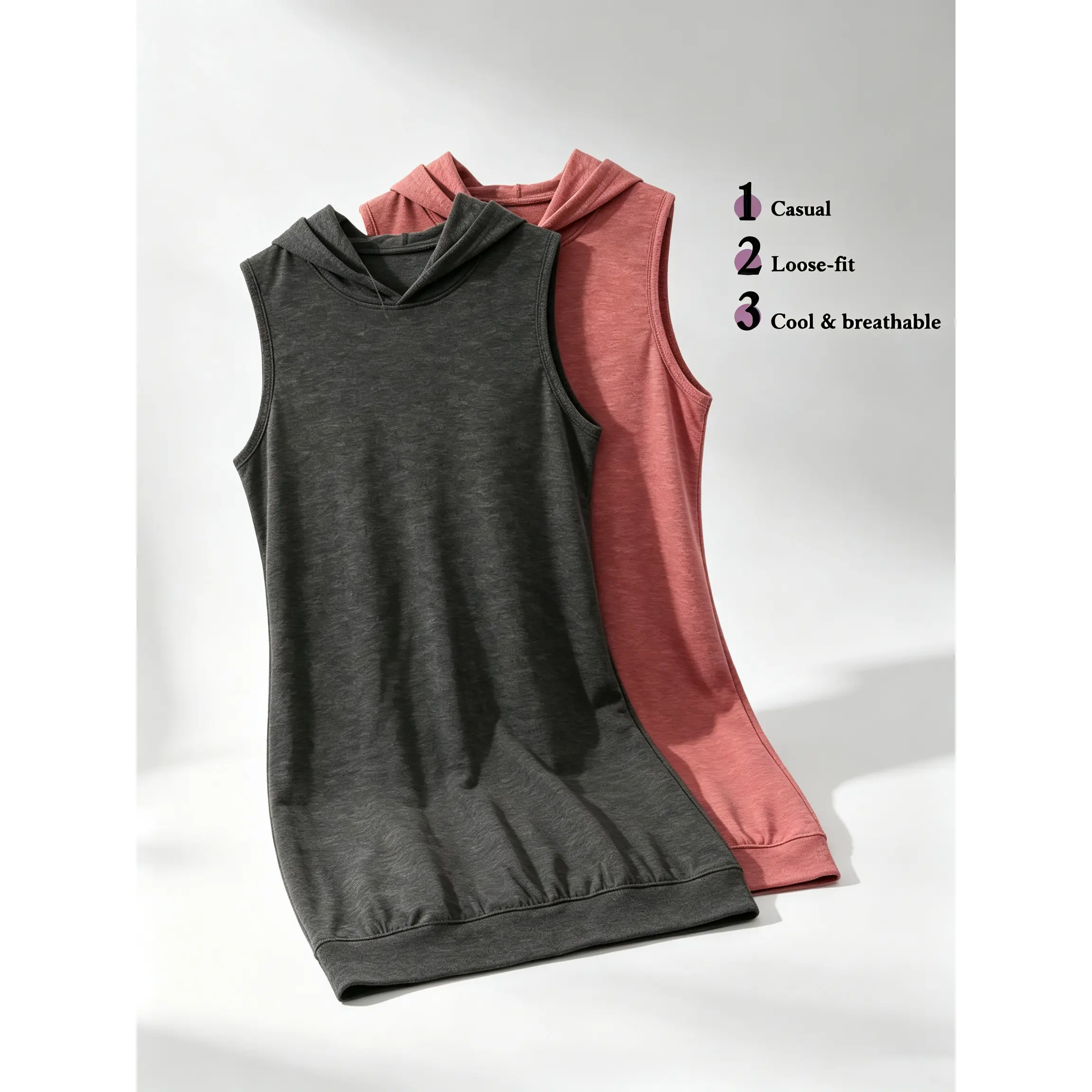 ECHOSTUDIAO Loose Fit Hooded Dress Women Sleeveless Casual Breathable Short Dress Trendy Solid Heather Grey Pink Loungewear Hooded Tank Dress Pack Comfort Drawstring Fabric