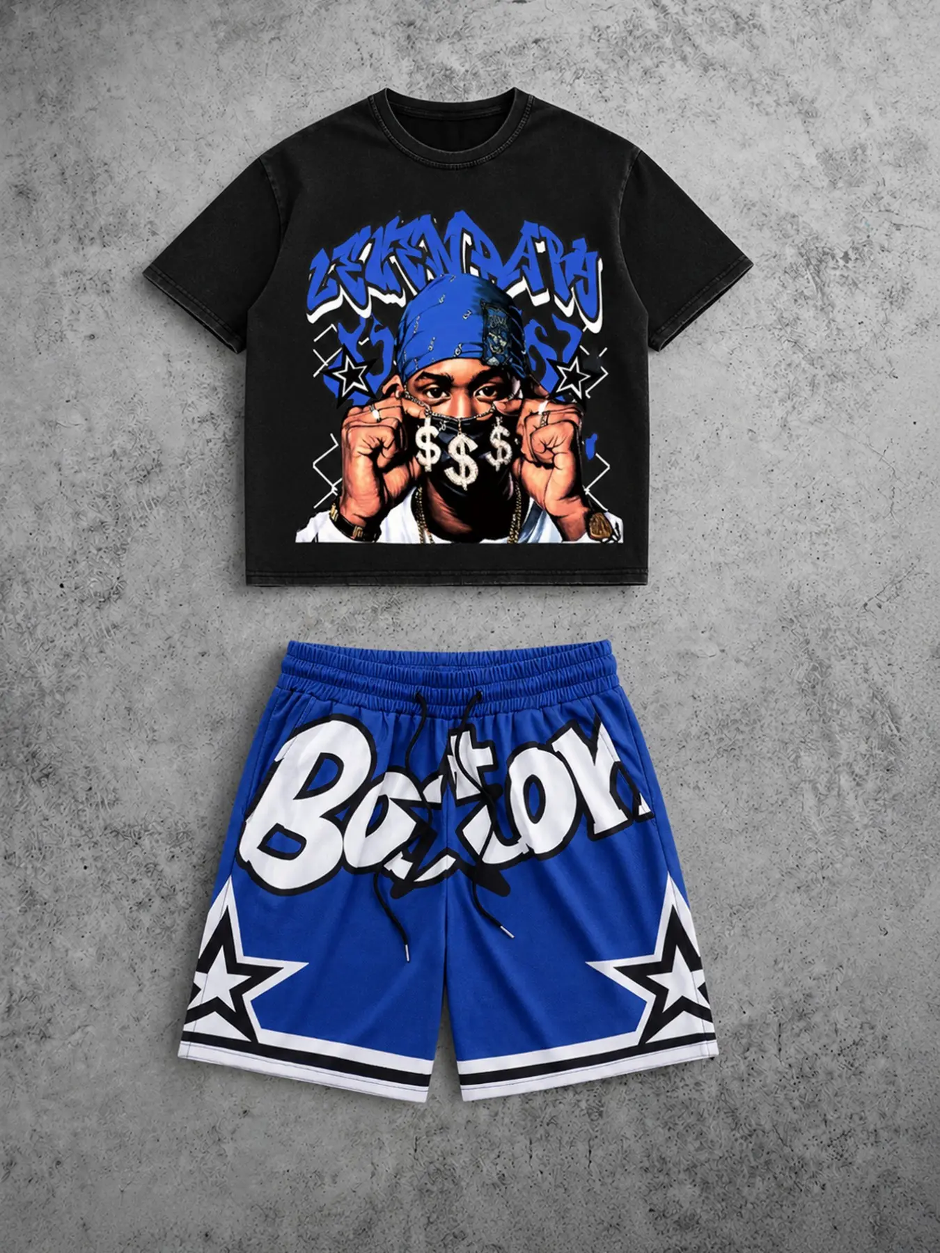 Men's 2 Piece Outfits Vintage Americana Sporty Hip Hop Character Graphic Tee and Star Print Shorts Matching Set Co Ord Set Menswear Tracksuit for Men