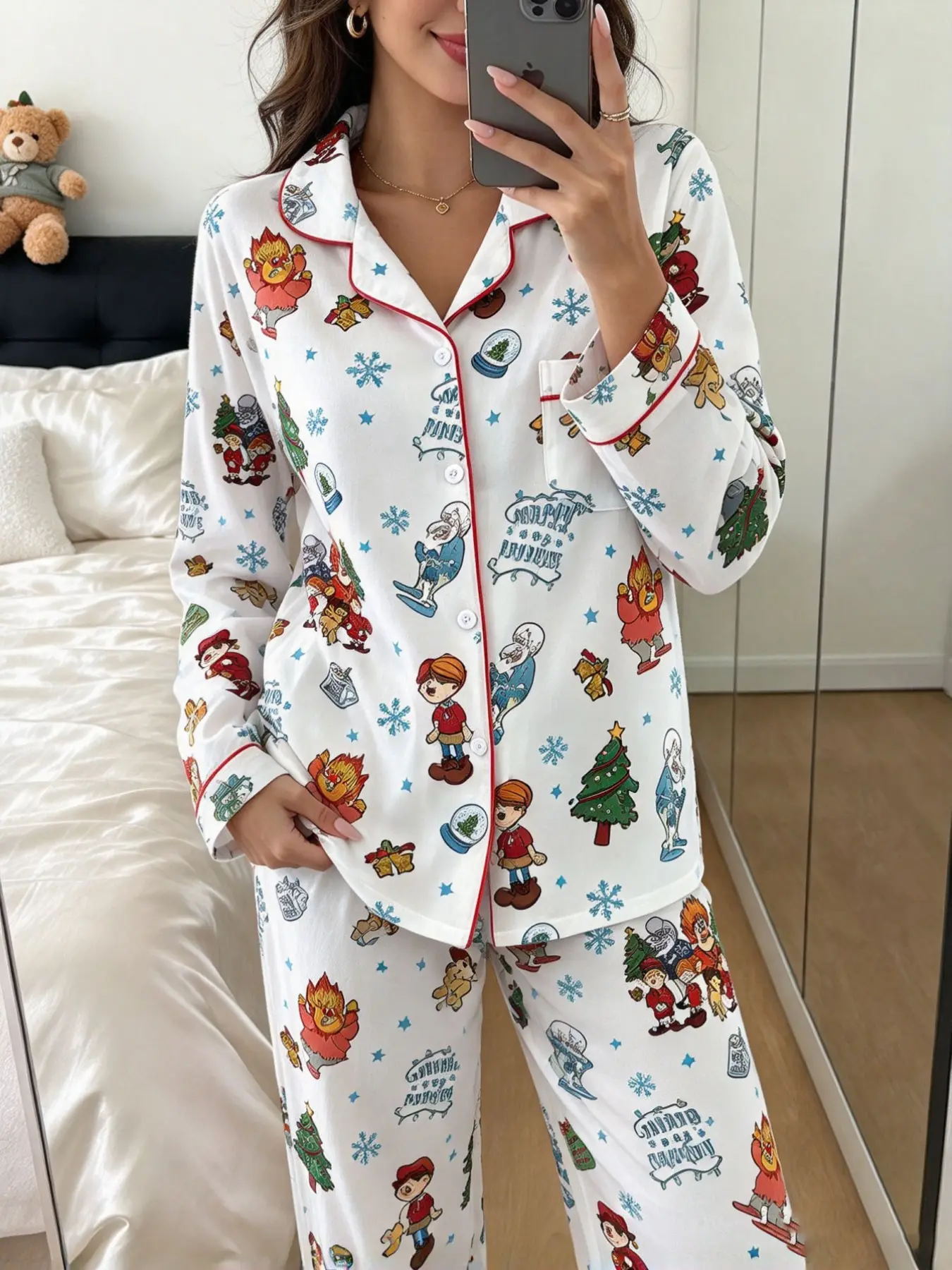 Women's Cute Christmas Print Button-Up Long Sleeve Top and Elastic Pants Pajama Set, Comfortable Home Sleepwear, Party Gift