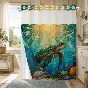 1PC Double Layer Aesthetic Shower Curtain, Hookless Shower Curtain With Snap In Liner, Stained Glass Sea Turtle Print Waterproof Fabric, Artistic Ocean Bathroom Decor, Detachable Buckle Shower Curtain and Liner, Bathroom Room Divider