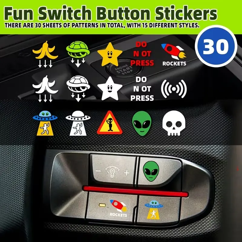 Set of 30 Humorous Car Stickers, Decal for Cars, Alien/skull Cartoon Design, Suitable for All Vehicles, Button/sticker Decorations for Dashboard Controls, Funny Car Stickers, Car Decals