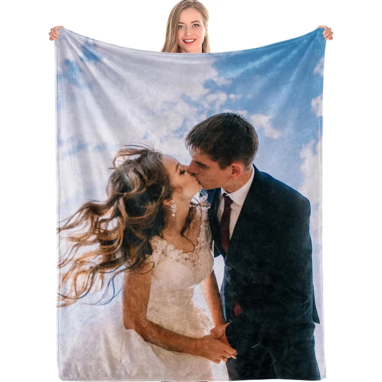 Customized Wrinkle-Resistant Full Photo Wedding Flannel Blanket - Single Picture Soft Throw, Milestone Gift for Bride-Groom, Father’s Day Keepsake for Home Couch Sofa Bed AC Room Use