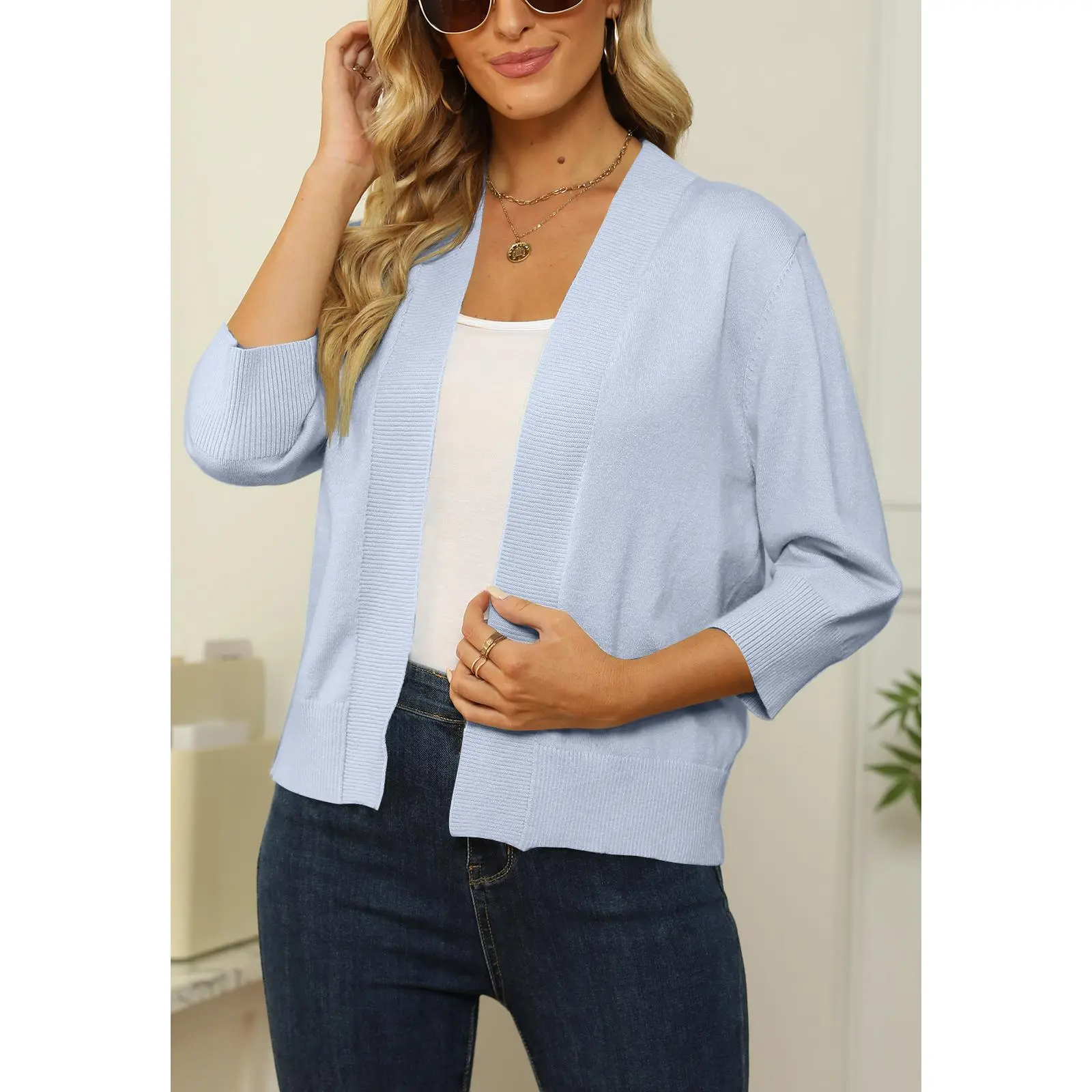 YF Women's 3/4 Sleeve Open Front Knit Cardigan Lightweight Soft Breathable Cropped Sweater Cardigan Casual Layering Shrug Cover Up for Spring Summer Fall Dressy Work Office Date Vacation Daily Wear