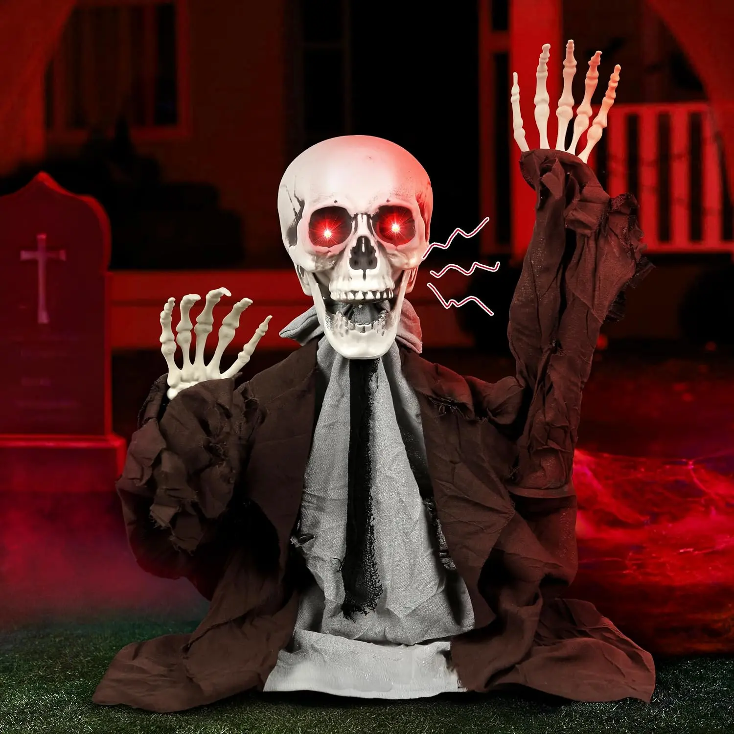 Halloween Life-Size Plastic Half-Buried Horror Skeleton Groundbreaker Prop, Yard Decor with Light & Sound