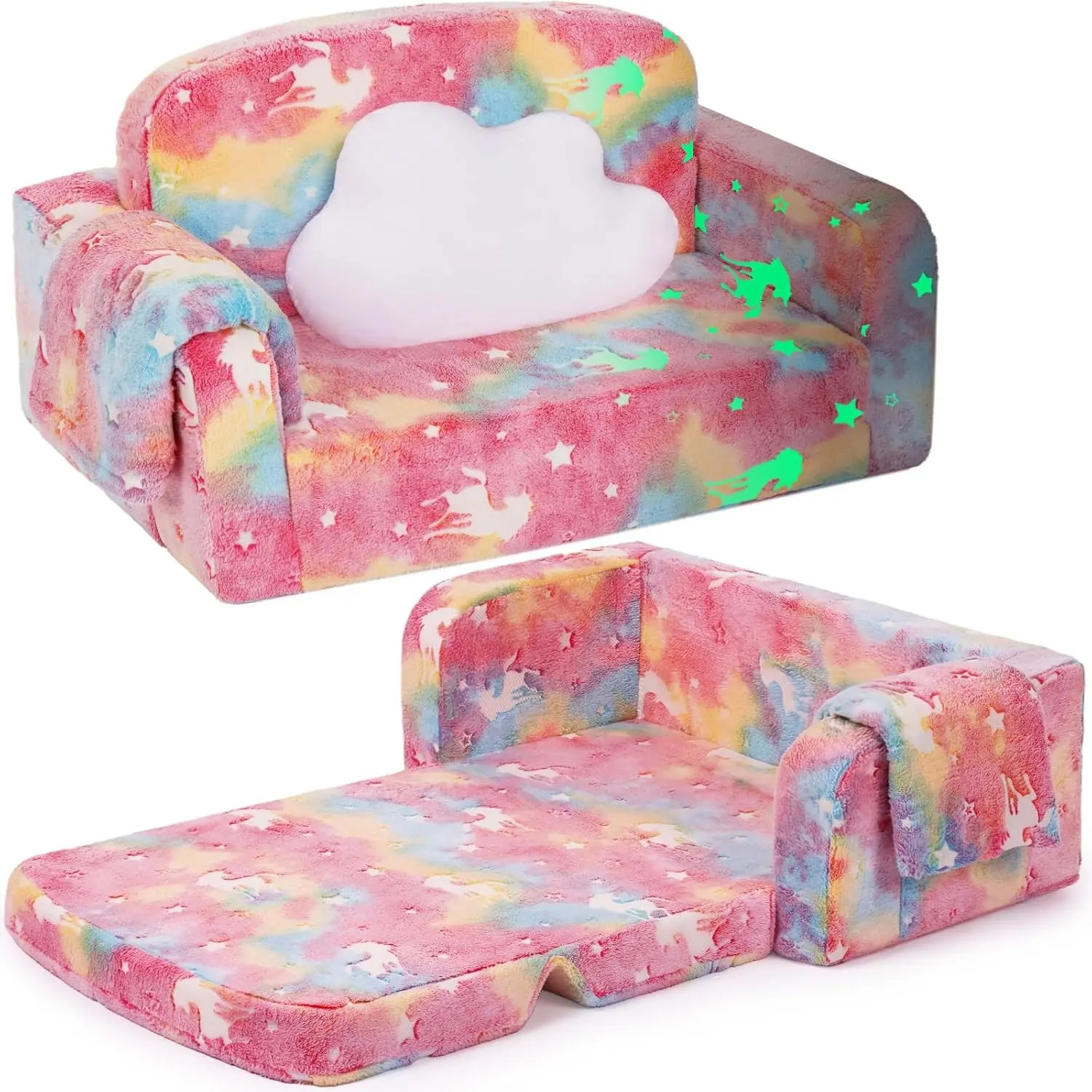 Extra Wide Kids Couch, Kids Sofa, Toddler Sofa, Glow in The Dark, 2-in-1 Soft Toddler Couch with Blanket and Pillow, Pink