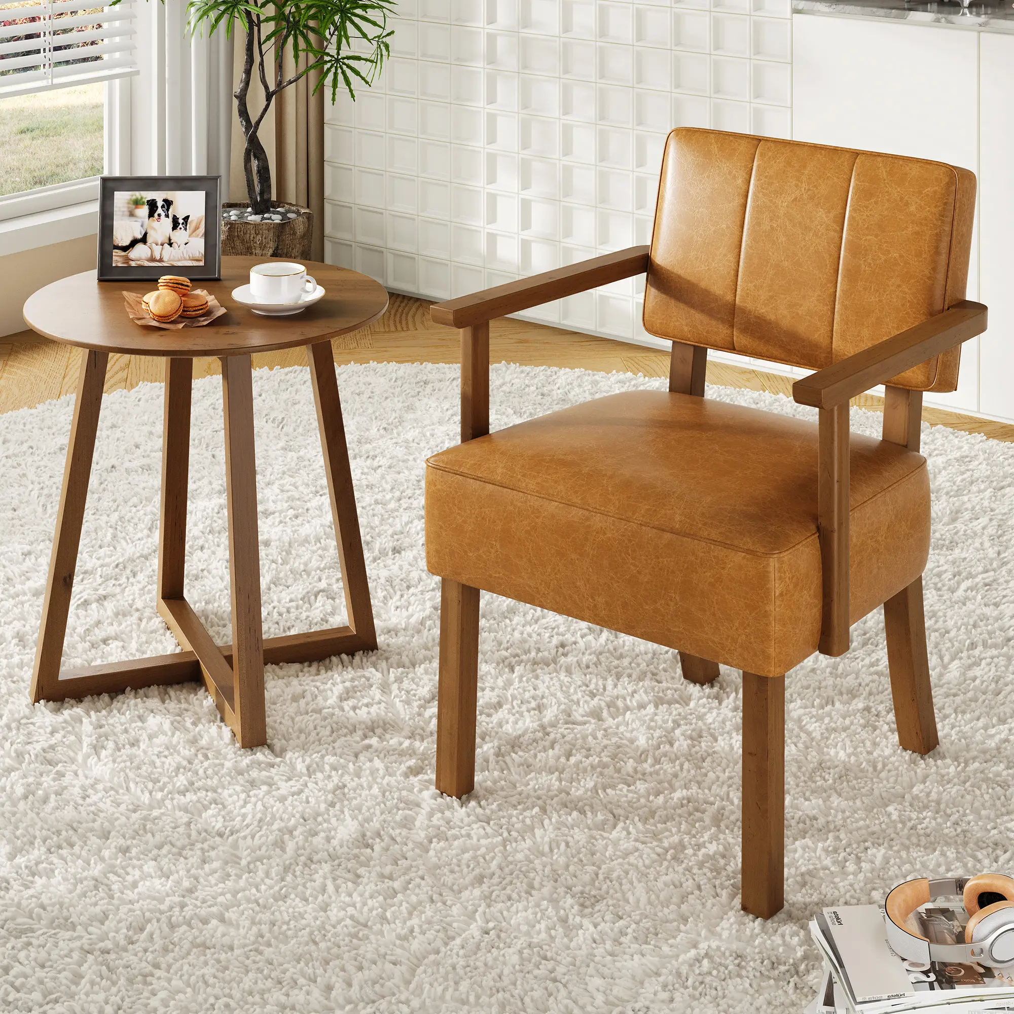 Mid-Century Modern PU Leather Dining Armchair - Dining Chairs with Solid Wood Frame, Fluted Vertical Stripe Backrest, Button Tufting, Ergonomic Design, Armless Option, Assembly Required, 300 – 349 Lb Capacity, Compact Accent Chair (Brown & Black)