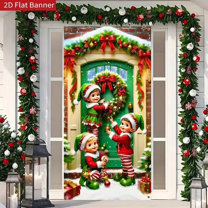 1 Counts 2D Door signs, Christmas elf door signs, holiday curtain flags, home front door signs, porch garden decorations, party and New Year carnival vertical decorations, made of durable polyester