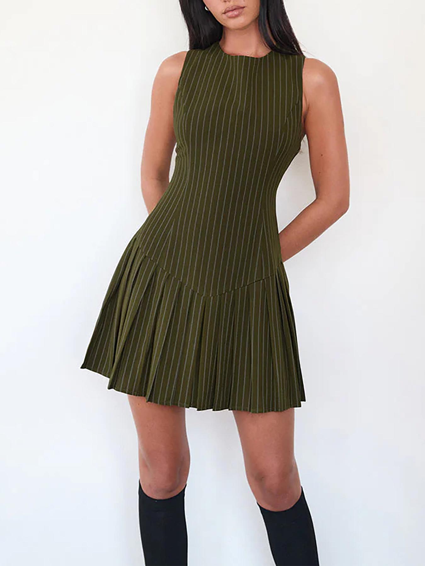 Women's Striped Print Pleated Dress, Casual Fashion Dress for Daily Outdoor Wear, Ladies Clothes for All Seasons