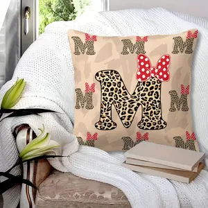 Decorative Pillow All Over Leopard Print Letter M With Red Bow Graphic Couch Pillow, Skin-Friendly Square Cushion, Comfort Back Support Decor Cushion, Ideal for Girly Living Room, Dorm Hangout Lounge