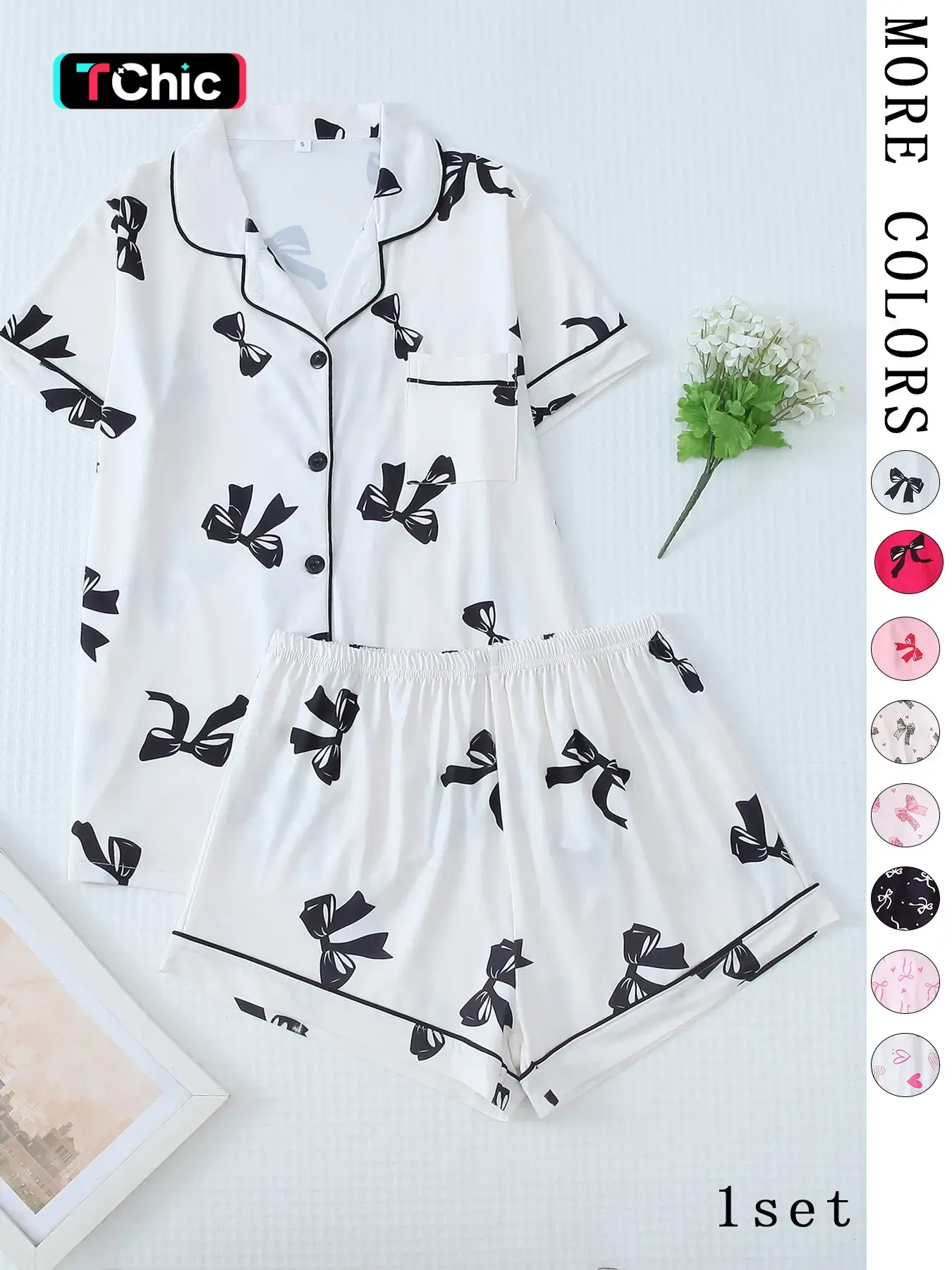 Two-Piece Set Women's Printed Graphic Button Front Pocket Shirt & Elastic Waist Shorts Pajama Set, Cute Comfy Soft PJ Loungewear Set, Homewear, Summer Clothes Women, Soft Pajamas, Nightwear