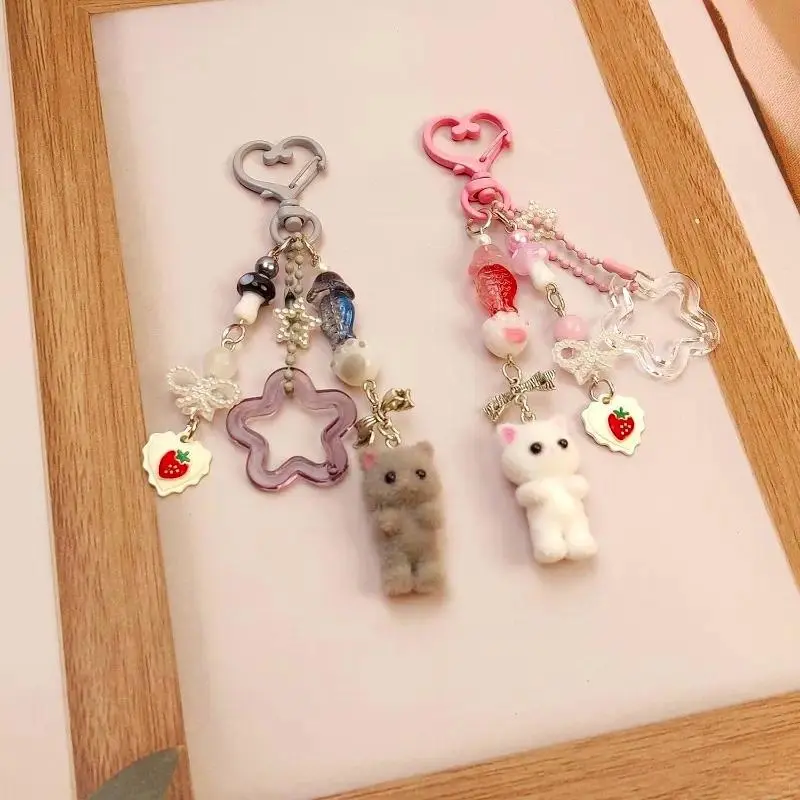 2pcs Fuzzy Pink Cat Keychain - Y2K Aesthetic Soft Trendy Accessory for Women, Cute Gift for Girlfriend, Cute Soft Keychains,summerwins